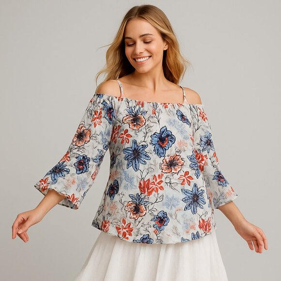 Seven Sisters XL Blue Red Floral Off Shoulder Bell Sleeve Boho Blouse Top - Picture 1 of 6